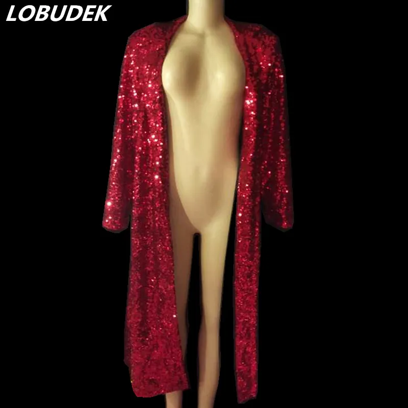 Женское блестящее длинное пальто с блестками красного Серебряного и синего