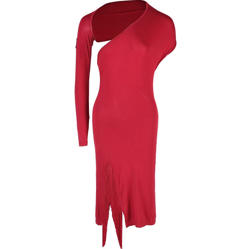 

Latin Dance Dress Women Sexy Black/Red One-Shoulder Tassel Dresses Rumba Cha-Cha Samba Salsa Latin Competition Dresses DQS2916