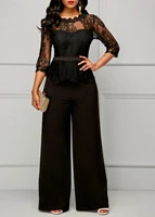 elegant sexy jumpsuits women long sleeve lace patchwork jumpsuit loose trousers wide leg pants rompers holiday black overalls