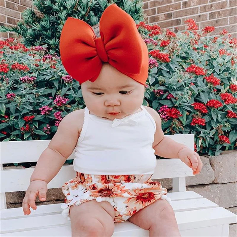

3pcs 0-2Years Baby Girls Cotton Clothes Sets,Summer Sweet Children Girls Bowknot Tank Top+Sunflower Print Pompom Shorts+Headband