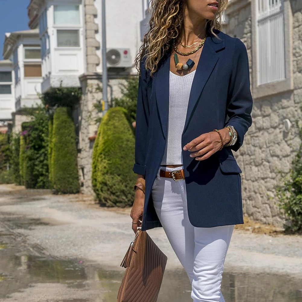 Модная OL Женская однотонная куртка с отворотом и длинным рукавом Повседневная