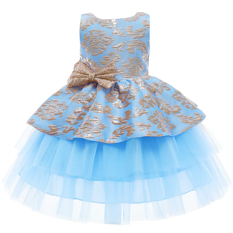 

2021 New Kid Princess Dress Flower Girls Birthday Party Dress Children Bow Sequined Embroidery Clothes Elegant Wedding Dress
