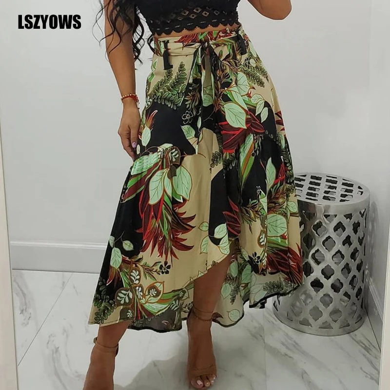 

Fashion Leaf Floral Print Lace Up Maxi Skirts Summer Women Sexy High Waist Boho Beach Skirt Elegant Irregular Long Skirts Female