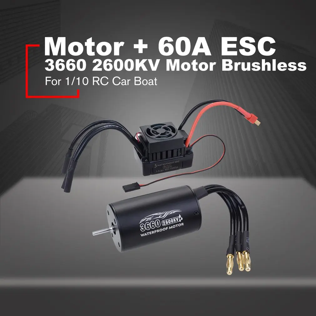 Waterproof Motor Kit 3660 2600KV/3300KV Brushless Senseless Motor and 60A Brushless ESC Combo Set for 1/10 RC Car Boat Model Toy