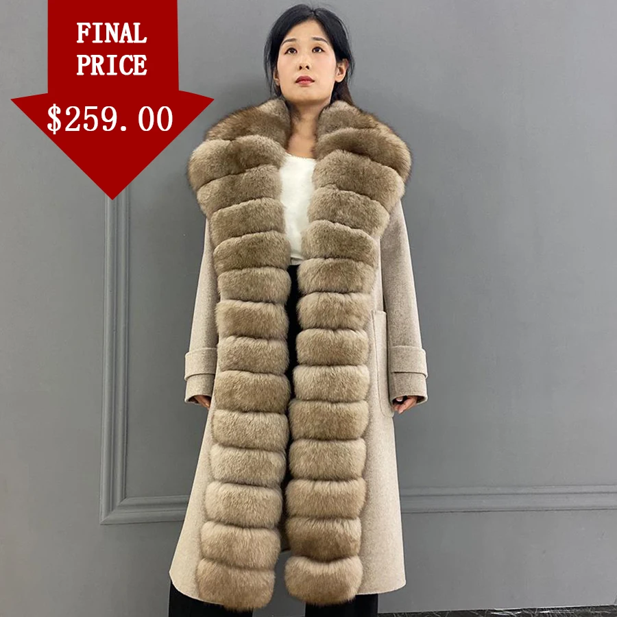 

Fur Jacket Women Wool Blend Coat 2021 New Autumn Winter Warm Outwear Real Fox Fur Collar Knee-Length Overcoat