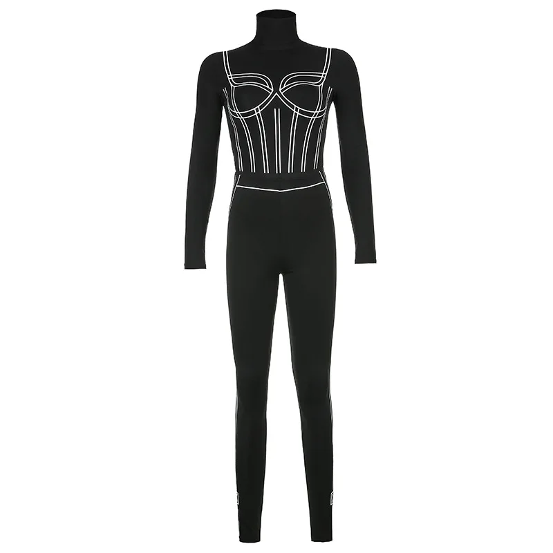 

Bodysuits Striped Print Tracksuit Women Rompers Casual Sportswear Turtleneck Long Sleeve Top + Leggings Club Party Two Piece Set