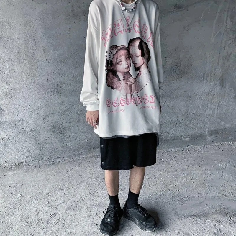 

KOSAHIKI Spring Fleece Print Vintage Retro Women Men Hoodies O Neck Loose Casual Pullover Korean Streetwear Harajuku Sweatshirts