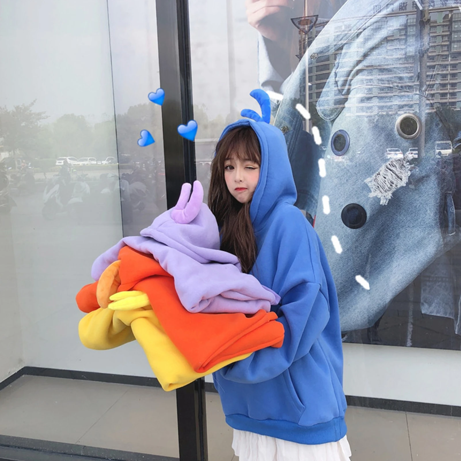 Women Cartoon Hood Long Sleeve Solid Color Hoodie Autumn Winter Plush Sweatshirt 2XL Female Oversize Warm Pullover