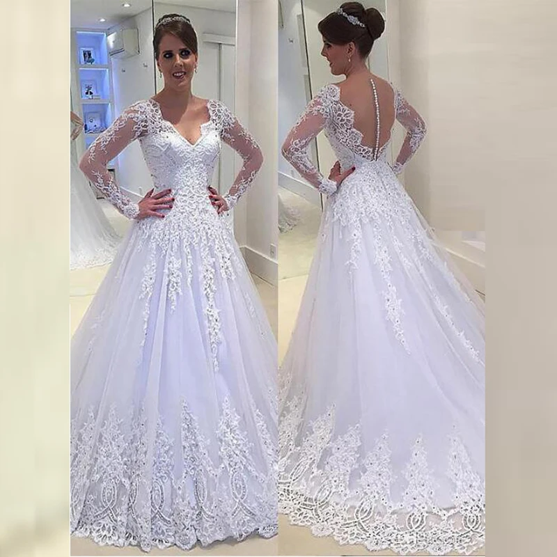 

Hot Sale Graceful White Lace Long Sleeve Bridal Wedding Dresses Deep V Neckline Illusion Back Wedding Gowns for Bride Beading