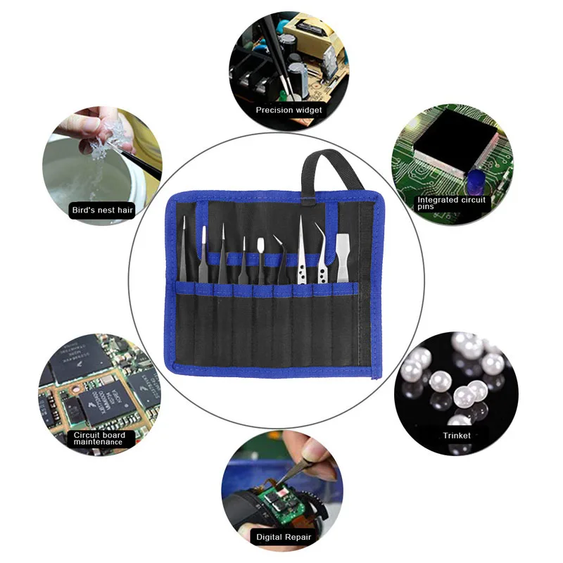 

Fashion9 Pcs Tweezers Set Stainless Steel Anti-Static Precision Tweezers for Electronic Mobile Phone Repair Tools Hand Tools