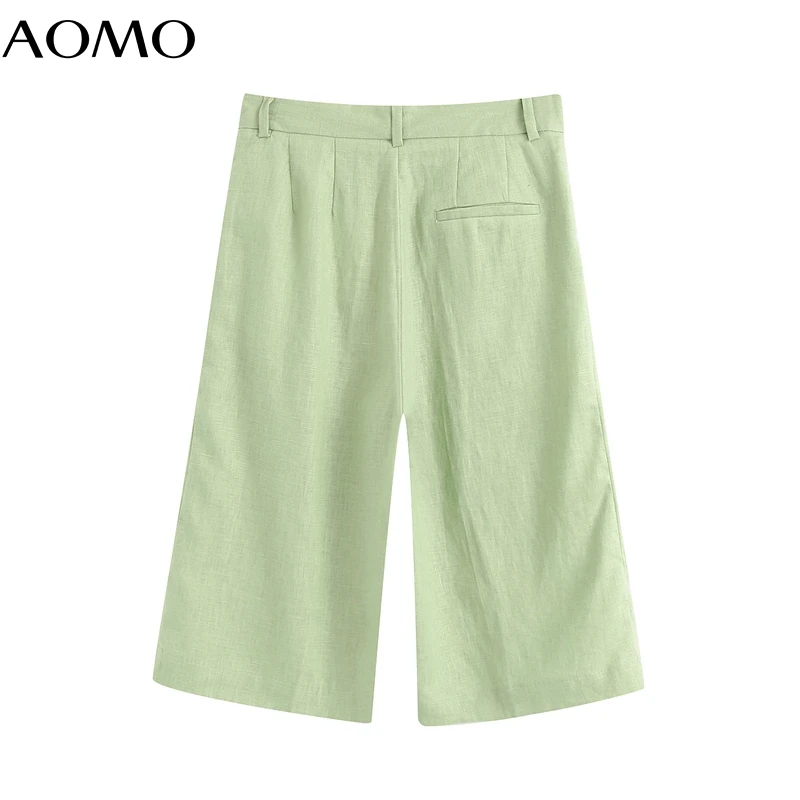 

AOMO 2020 women green cotton linen suit shorts zipper pockets female retro casual shorts pantalones BE754A