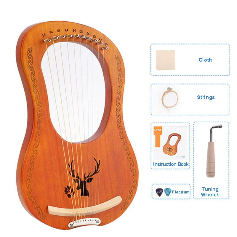 Enlarge Mahogany 10 Strings Lyre Harp Greek Small Musical Instrument Including Instruction Tuning Wrench Plectrum Cloth For Beginners