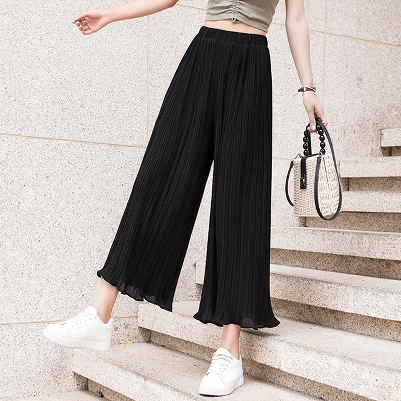 

Pleated Pants High Waist Casual Wide Leg Pants Summer New 2021 Loose Straight Leg Cropped Women's Chiffon Pants