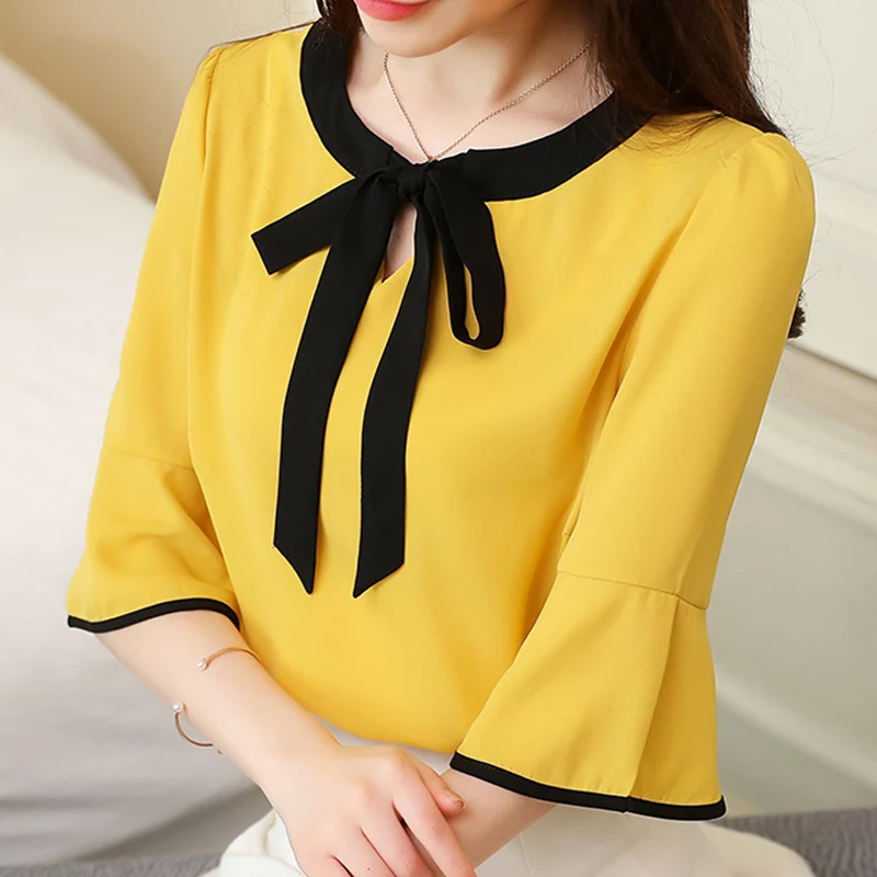 Шифоновая женская блузка рубашка Мода 2019 плюс размер с бантом и круглым вырезом