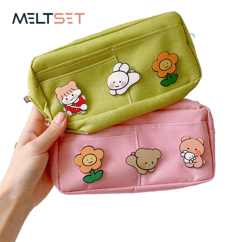 

Kawaii Pencil Case for Girs Kids Canvas Pencil Bag with Cartoon Badge Stationery Storage Bags Cute Makeup Bag School Supplies
