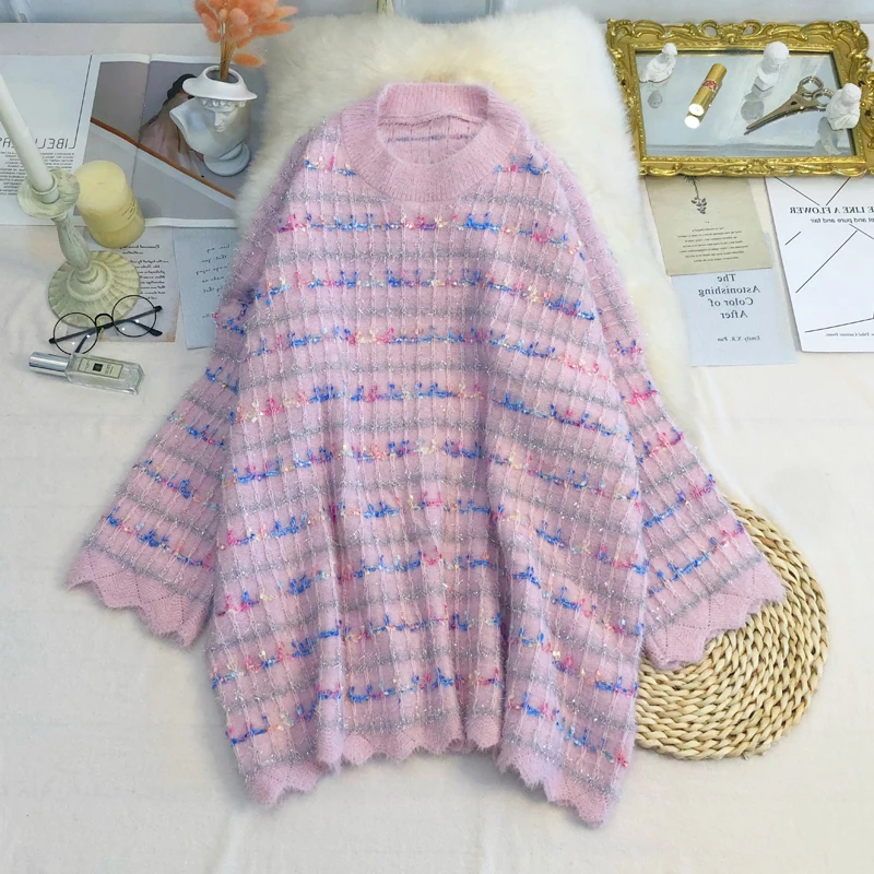 Women Sweaters Loose Casual New Harajuku Kawaii Cute Sweet Pink Nice Striped Oversize Knit Pullover CC396 | Женская одежда