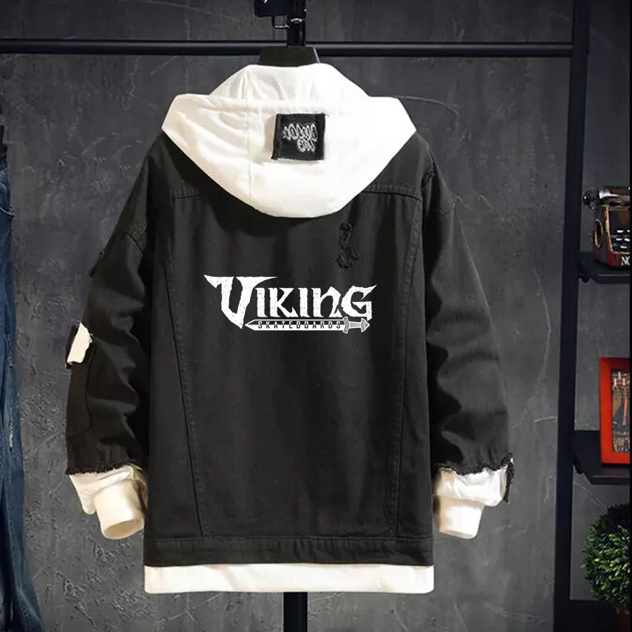 

Streetwear Oversized Denim Jacket Men Hoodie Odin Vikings Funny Autumn Winter Jean Jackets Thicken Hip Hop Plus Size Jeans Coat