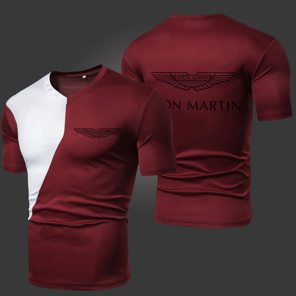 

Summer New Aston Martin Men's T-Shirts Solid Color Splicing Casual Breathable Sports Slim Fitting Short Sleeve V-Neck Spotswear