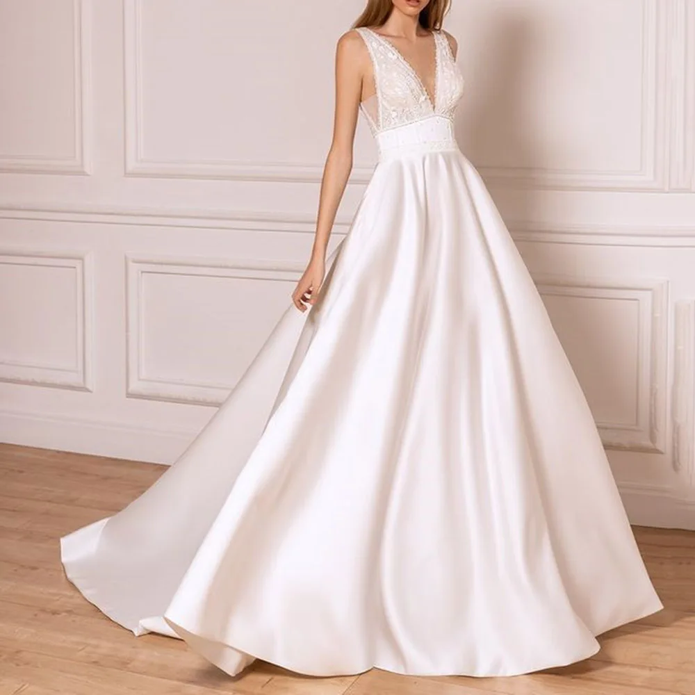 2021 Bespoke Wedding Dresses Sexy V-neck Sleeveless In Pure White Wedding Floor-leng Dress Amanda Noivas For Church Garden Party