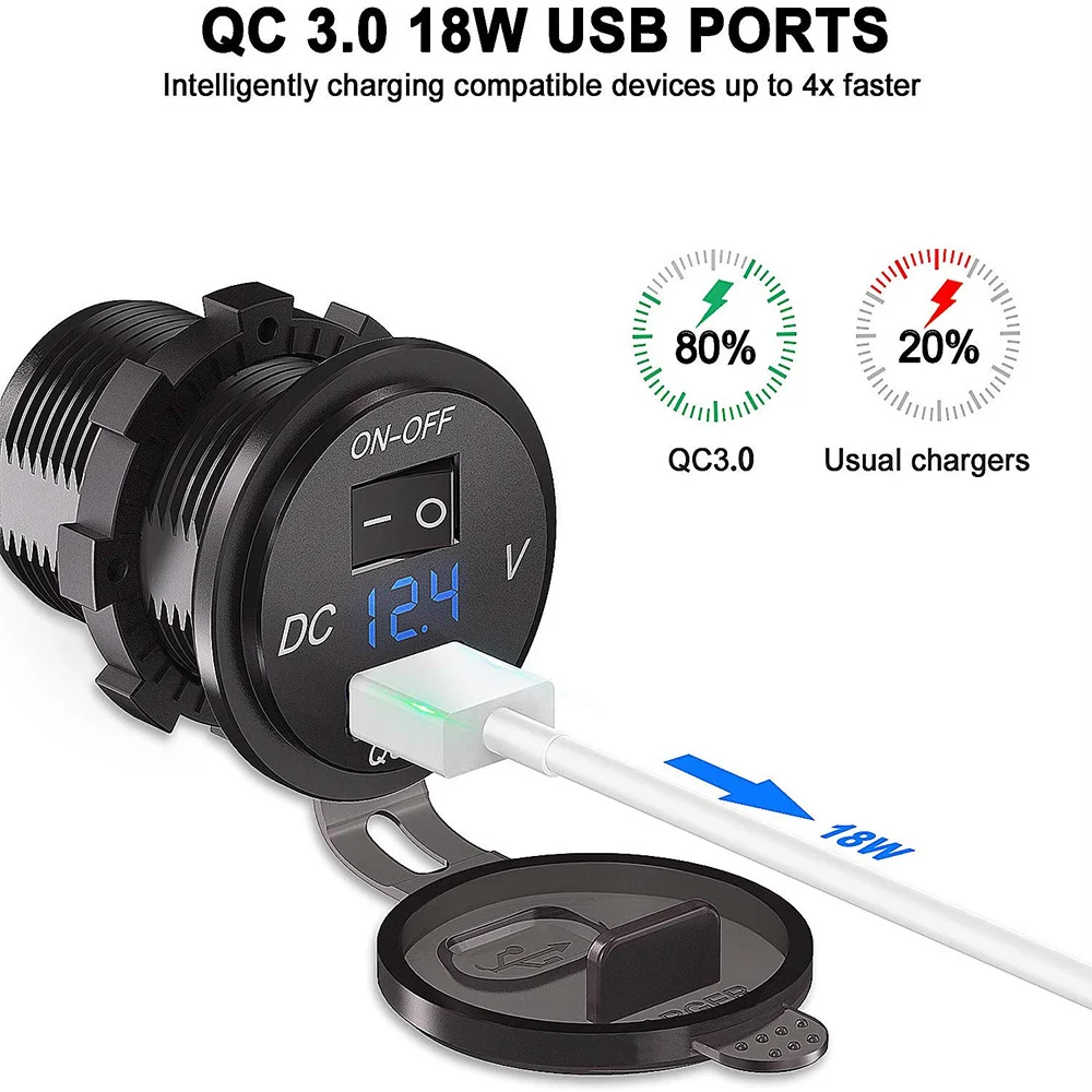 12V/24V QC3.0 Waterproof USB Fast Car Charger Socket Power Adapter Outlet With Switch and Voltmeter gauge for Boat Motorcycle |