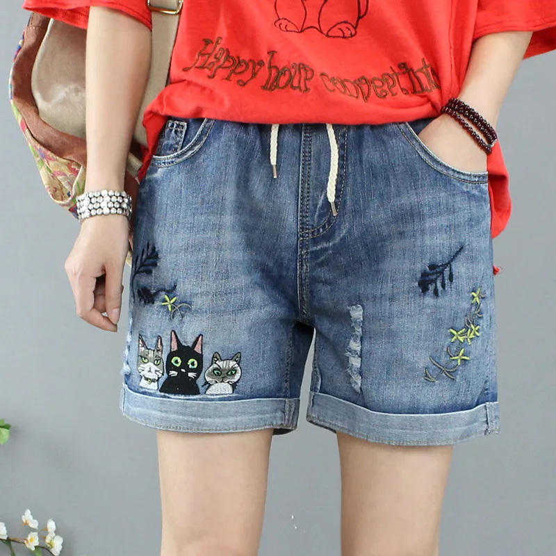 

Summer Women Vintage Jeans Shorts Cartoon Embroidery Casual Elastic High Waisted Ripped Denim Shorts Ropa De Mujer