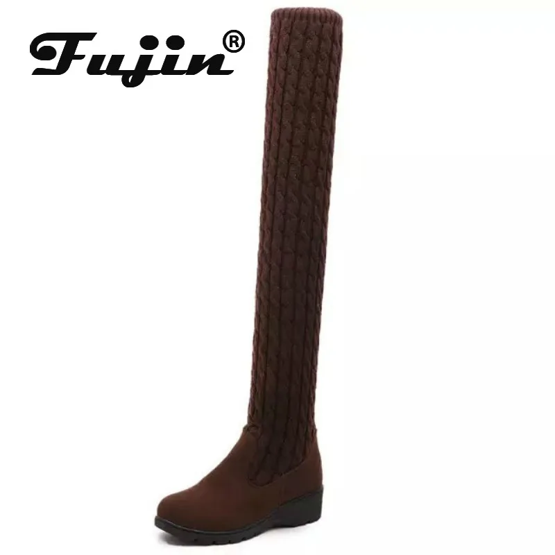 Fujin/женские зимние сапоги из вязаной шерсти Прямая поставка Модные выше колена на