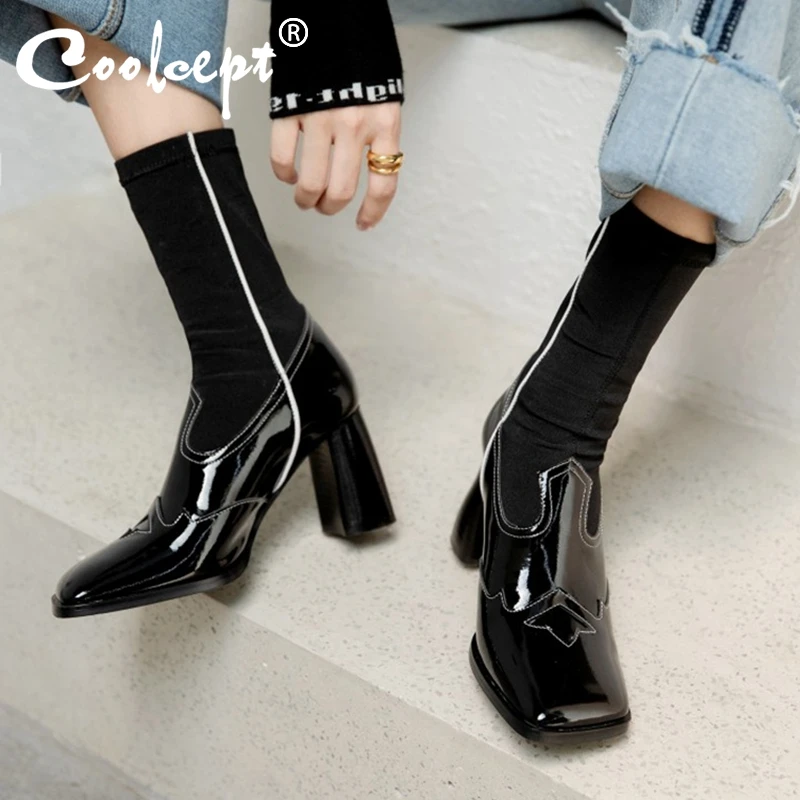 

Coolcept/новые женские короткие ботинки из натуральной кожи; Разноцветные Женские туфли с квадратным носком на высоком каблуке; Крутая обувь; З...