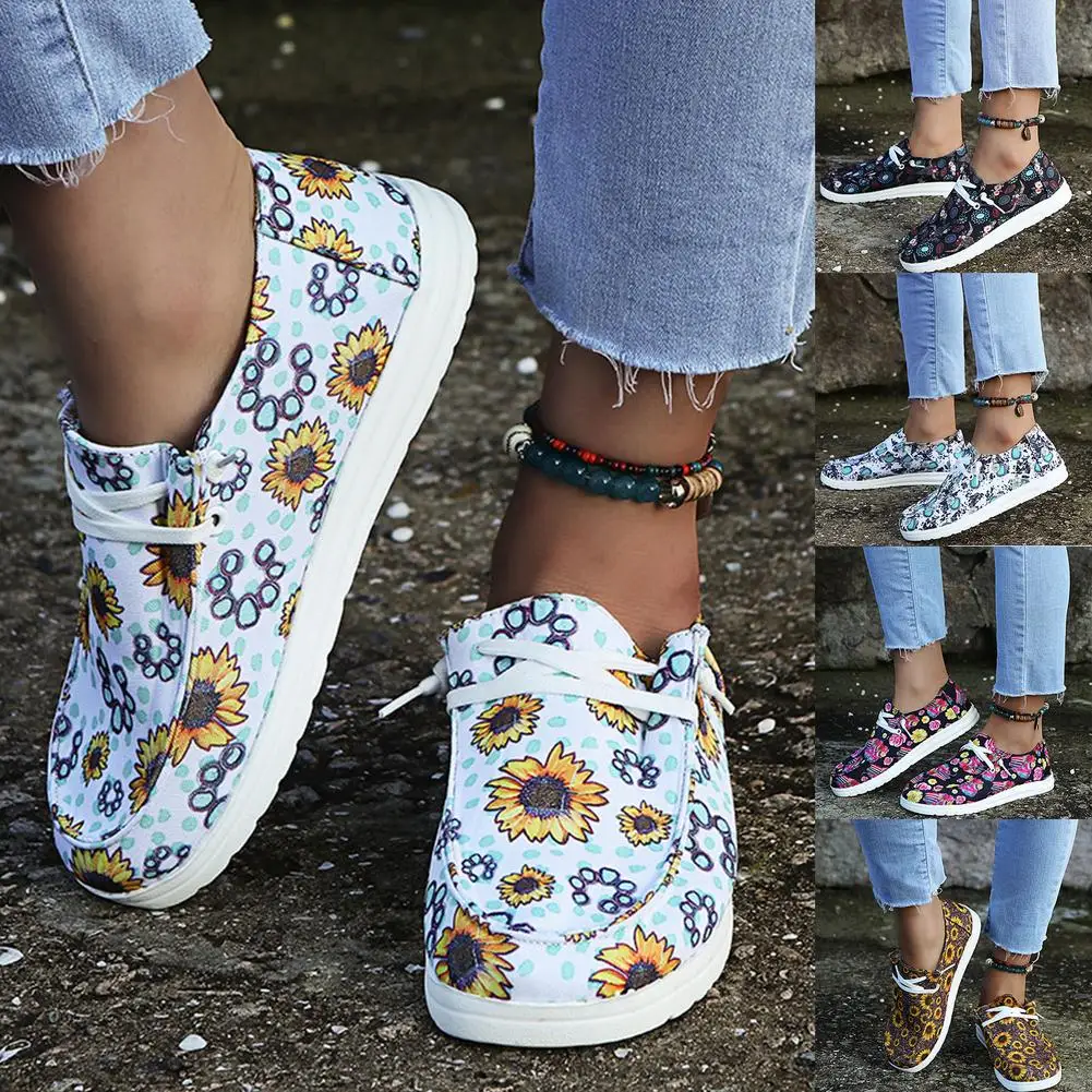 

2021 Canvas Fabric Casual Walking Flat Shoes Fashion Women Light Weight Loafers Comfortable Floral Print High-quality