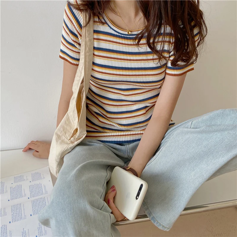 

New T Shirt Women Rainbow Striped Tops Slim Fit t shirt Harajuku Summer T-shirt Short Sleeve Korean Clothes Tops y2k