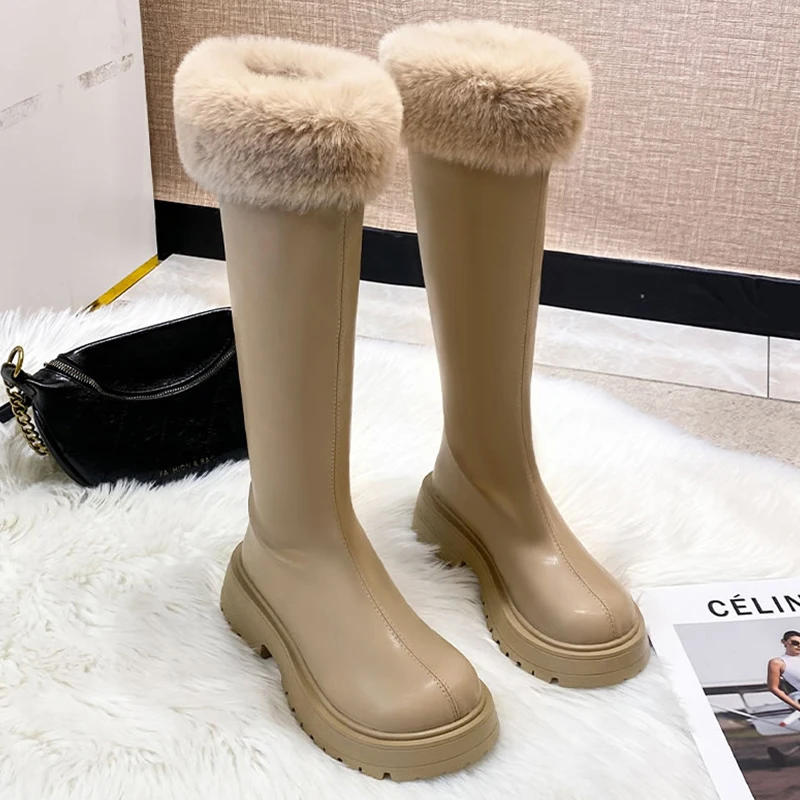 

2021 New Female Knee-High Modern Boots Winter Furry Casual Shoes Women Round Toe Platform Zip Shoes Ladies Chelsea Boots