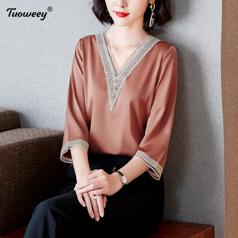 

2021 размера плюс, женские блузки с v-образным вырезом и рукавом 3/4, Летние Стильные топы, новая блузка с цветочным принтом, свободная рубашка с ...