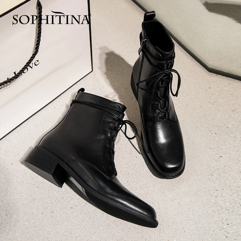 Online Sepatu Bot Pergelangan Kaki Kasual SOPHITINA Sepatu Bot Kerja Kantor Bertumit Rendah Ujung Bundar Berenda Kulit Sapi Buatan Tangan Sepatu Wanita Musim Semi/Musim Gugur SO773