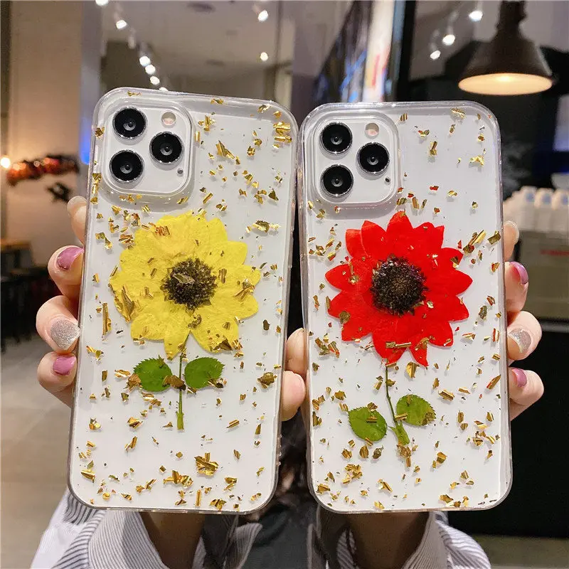 

for iPhone 12 11 Pro Max XS Max XR 8 7 Bling Glitter Foil Case Real Petal Sunflower Soft Silicone Cover