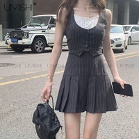 striped lace buttons patchwork vest women two piece suit mini pleated skirt summer sexy kawaii crop top japanese school clothes