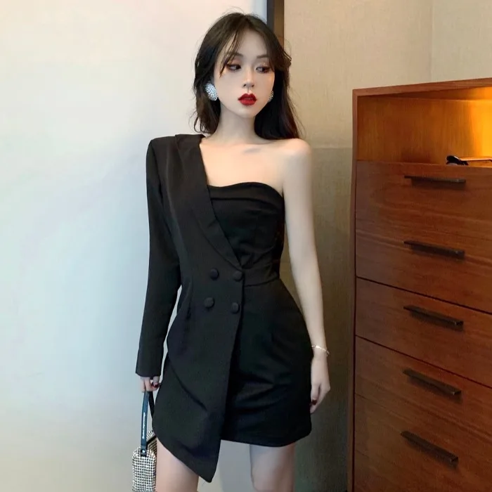 

Women Solid Double Breasted Off Shoulder Design Mini Dress Spring 2021 Girls Female