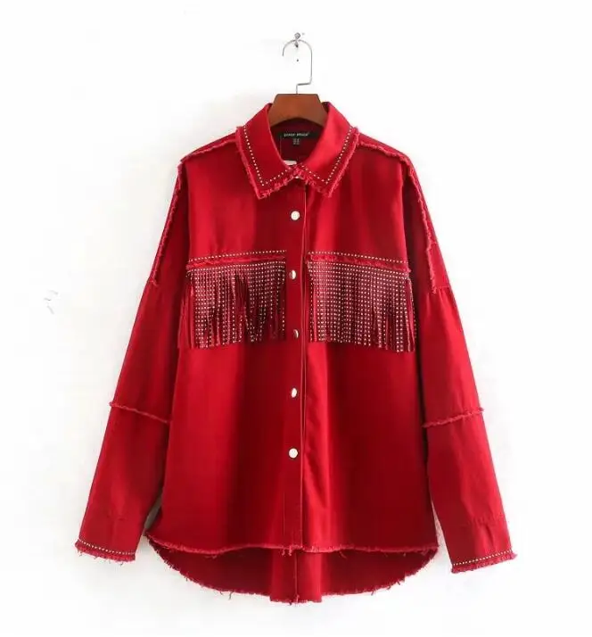 

Vintage Stylish Fringe Beaded Loose Denim Jacket Coat Women Fashion Long Sleeve Frayed Trim Ladies Outerwear Chaqueta Mujer