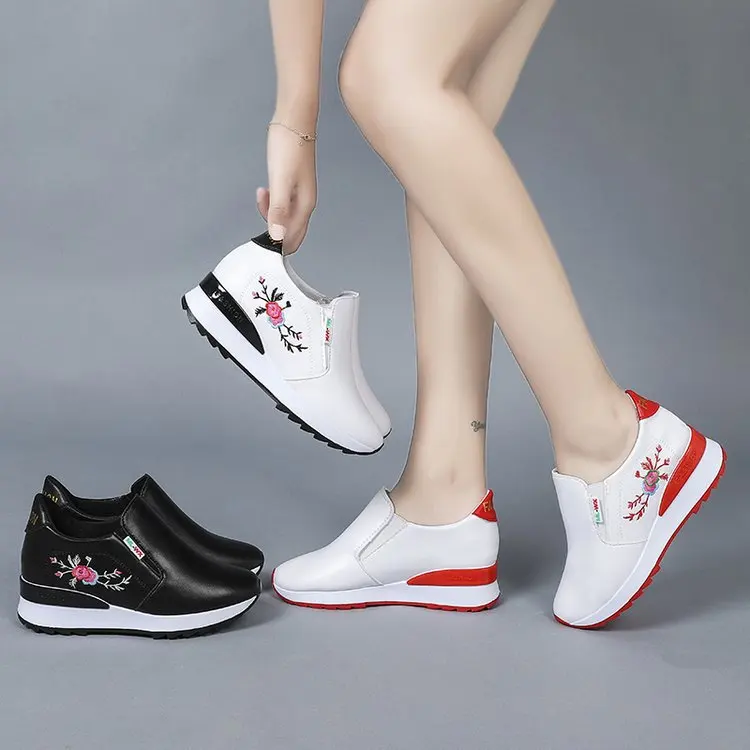 

Невидимые высокие лоферы, Женская весенне-осенняя универсальная Белая обувь с вышивкой на плоской подошве, повседневные туфли-лодочки без ...