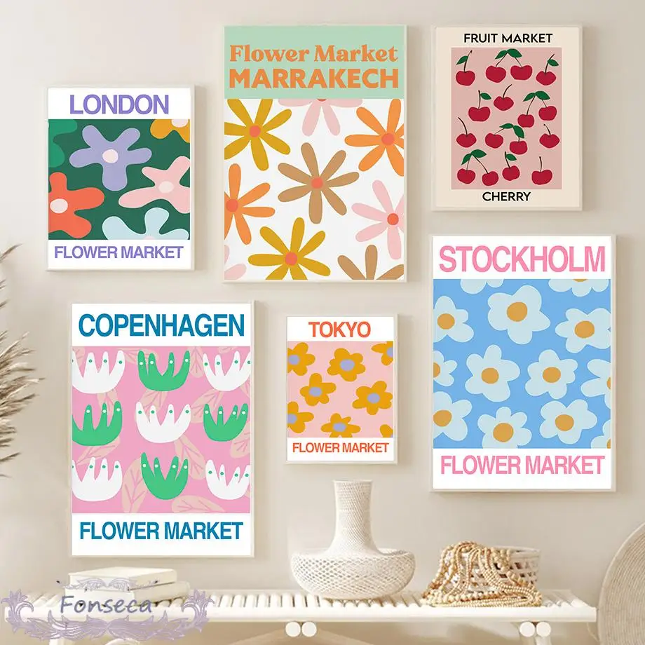 Скандинавские разноцветные постеры с изображением фруктов и цветов на рынке