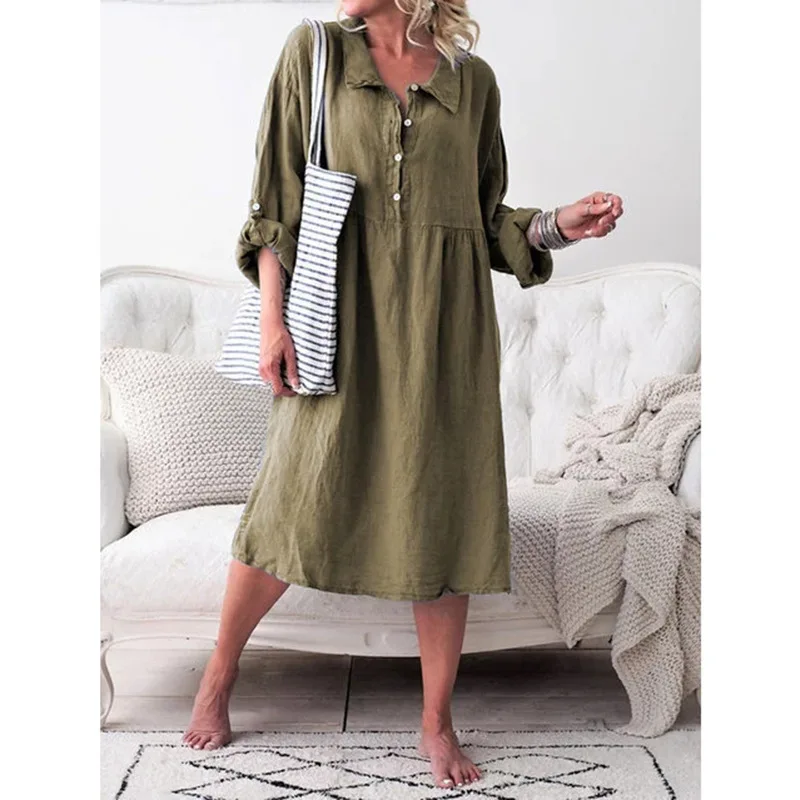 

Women's Loose Button Mid Length Dress Solid Regular Socket Basic Casual Mid length dress Street wear Loose waist
