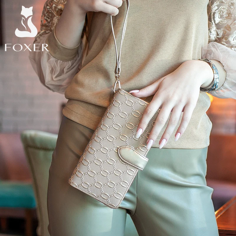 FOXER Brand Women's Split Leather Long Wallet Lady Large Capacity Phone Clutch Money Bag With Wristlet Female Purses Card Holder
