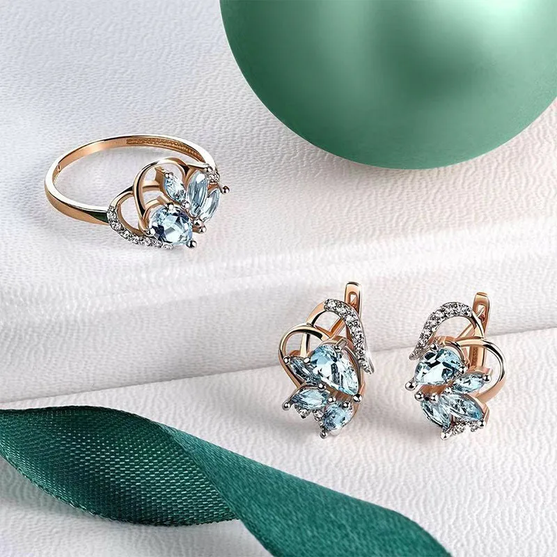 

Exquisite Rose Gold Plated Bridal Jewelry Set Butterfly Shape Blue Crystal Zircon Dangle Earring Wedding Ring Engagement Jewelry