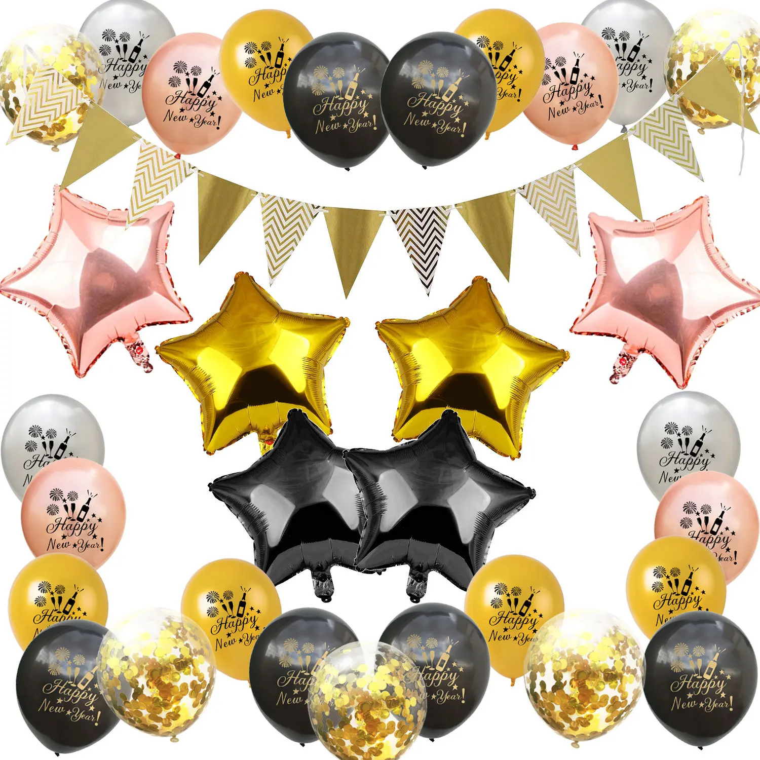 

32-piece Happy New Year Latex Confetti Balloons Set Rose Gold/gold Star Foil Balloon for New Year's Day Holiday Decoration