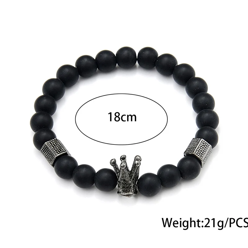 Мужские и женские браслеты из натурального камня черные матовые с короной