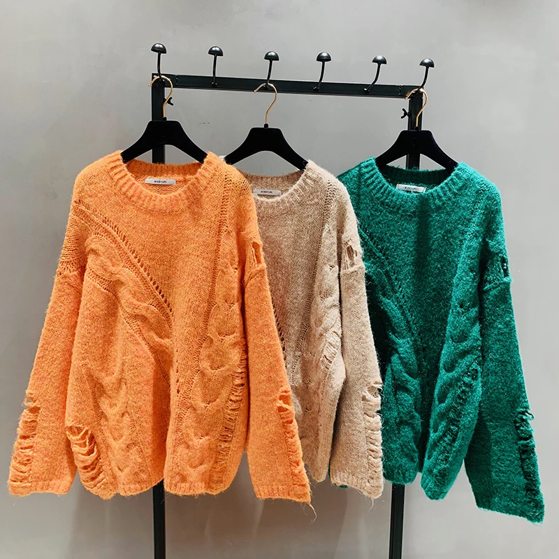 2020 New Fall/Winter Crewneck Turtleneck Sweater Loose Jumper Women's Middle Long Twist Broken Hole Knitted Oversized | Женская