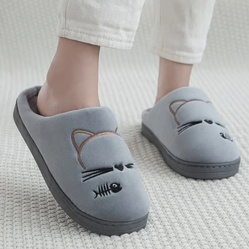 Gray Women Winter Home Slippers Cartoon Cat Shoes Non-slip Soft Warm House Slippers Indoor Bedroom Lovers Couples Shoes - Цвет: Gray