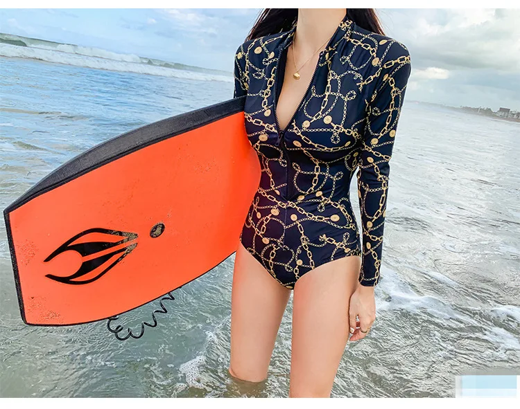 

New Long Sleeve Zipper One-Piece Swimsuit Gold Pattern Slimming Travel Hot Spring Vacation Beach Swimsuit
