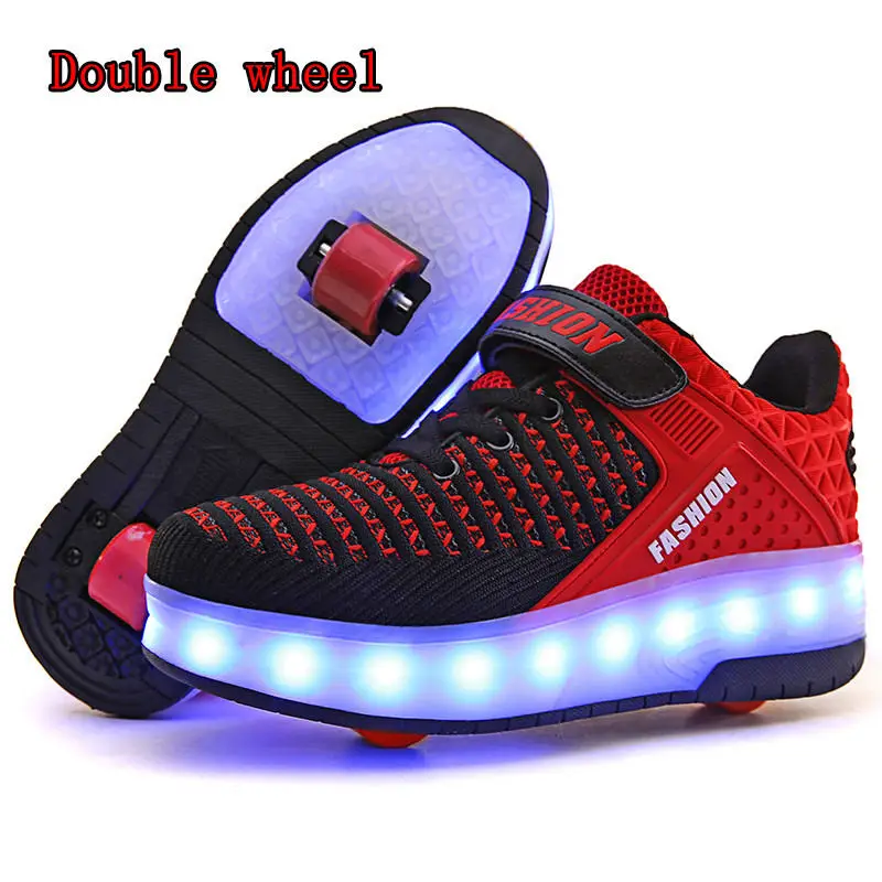 Two-Wheel Red HYFMWZS Модные светодиодный Heelys обувь из дышащего материала, детское платье из двух спортивная обувь Съемная Детские Тонкие Туфли ролики срок производства тиража: 30-40 - Цвет: Two-Wheel Red