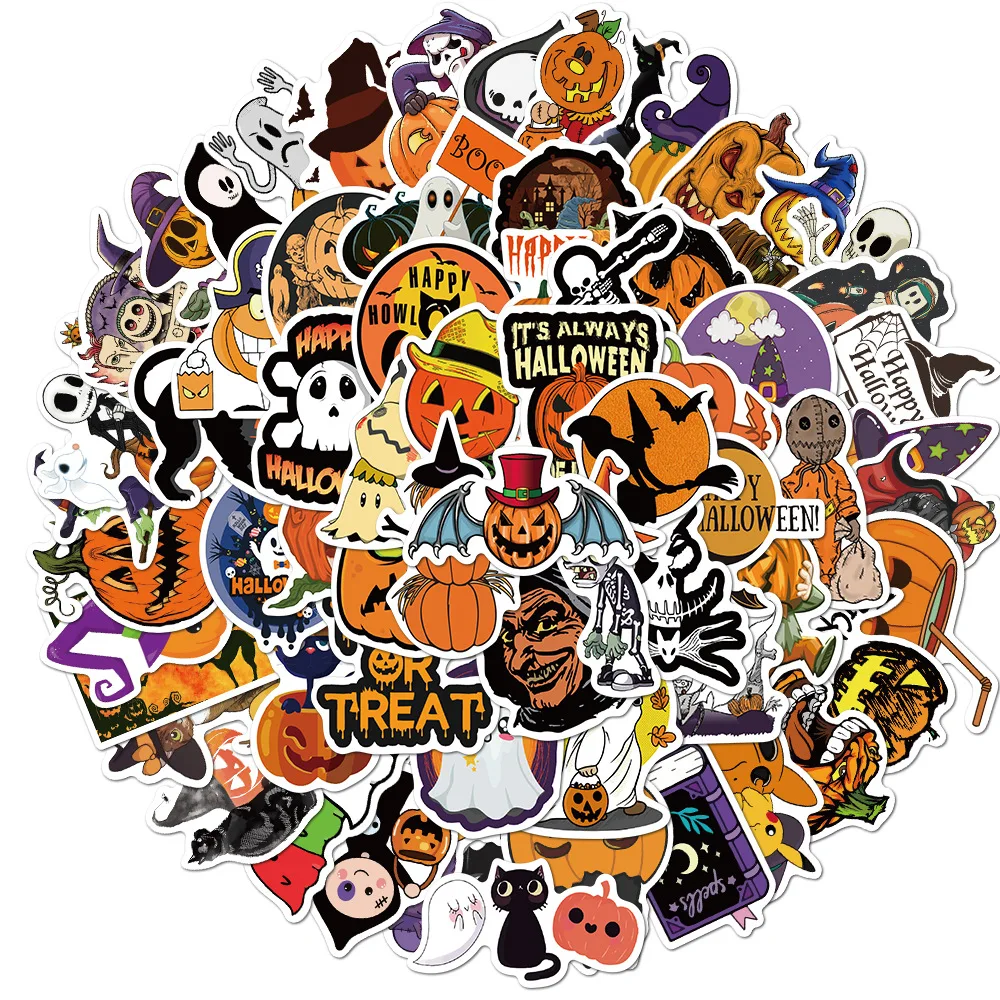 

Pack of 100Pcs Hotsale Halloween Graffiti Pumpkin Sticker No-duplicate Waterproof Cartoon Stickers For Luggage Skateboard Decals