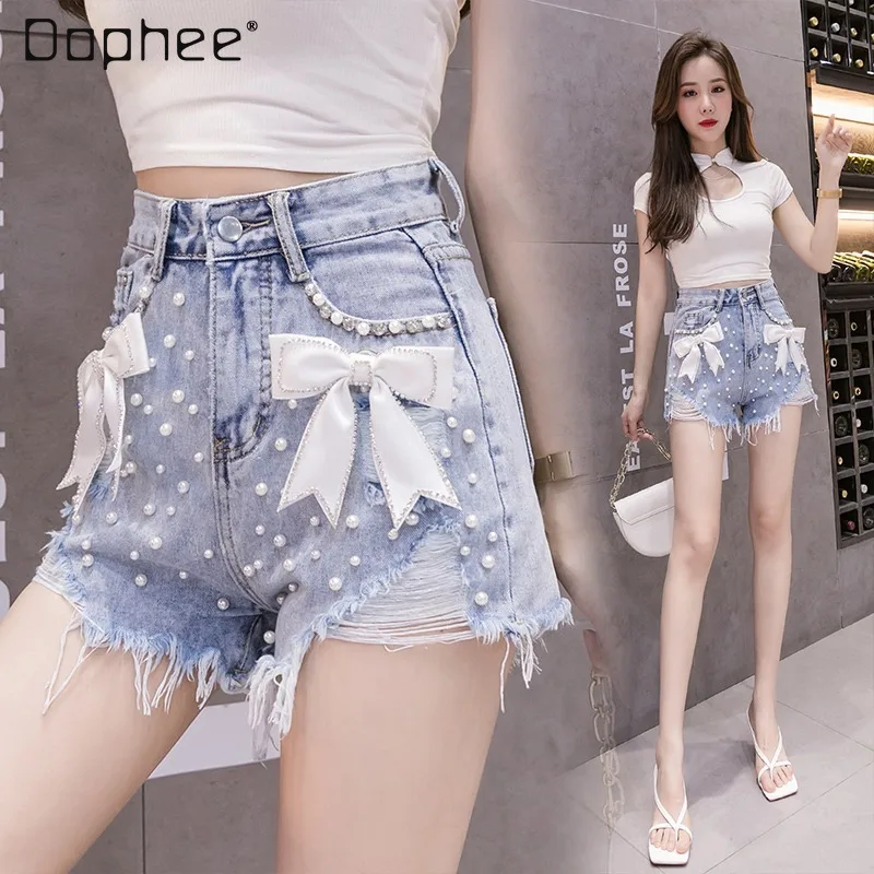 2022 New Summer Beaded Ripped Women's Bow Burr Hot Pants Ins Trendy Denim Shorts