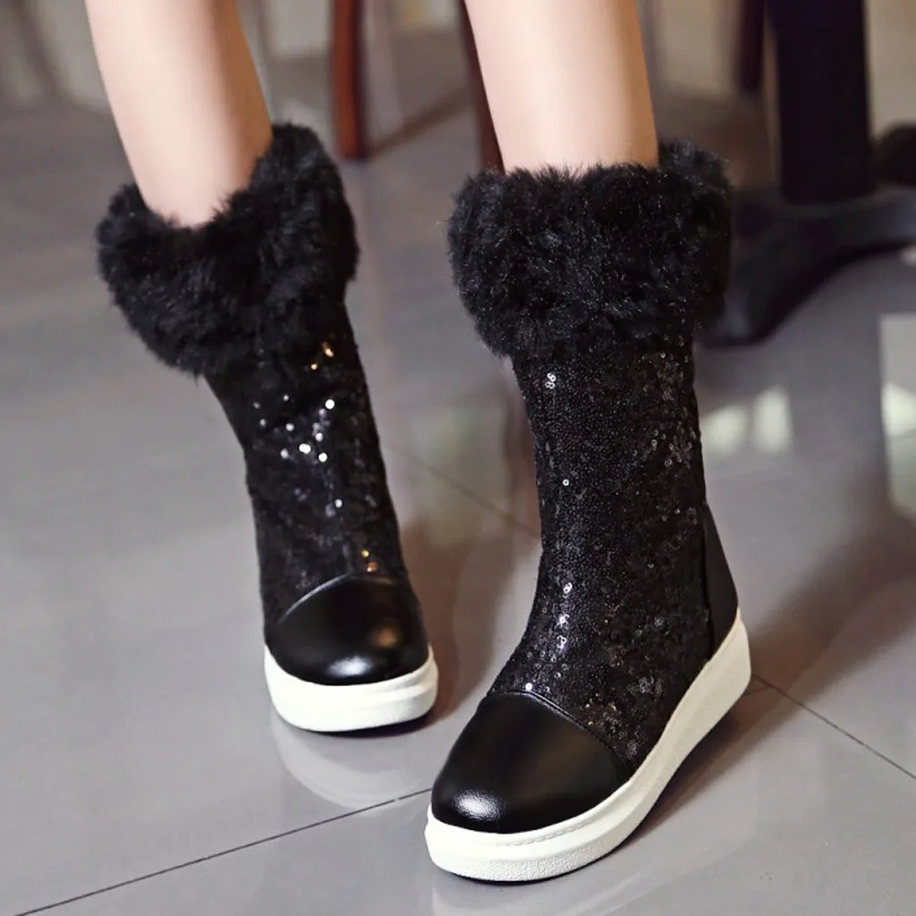 

Women Snow Boots Gloss Woman Plush Warm Mid Tube Ladies Boot Winter Fur Bling Platform Female Shoes Stitching High Quality